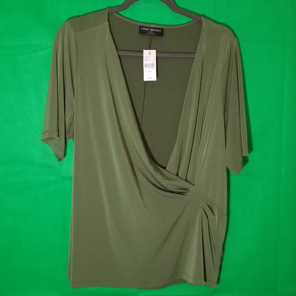 Lane Bryant Top Women 14/16 Olive Green Faux Wrap Short Sleeve Pull Over NWT